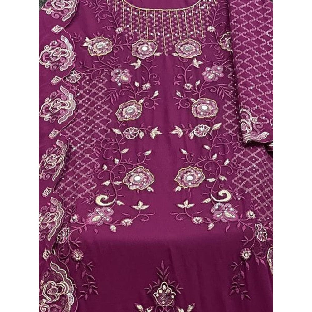 Odette Wine Georgette Embroidered Semi Stitched Kurta with Bottom & Dupatta (Set of 3)