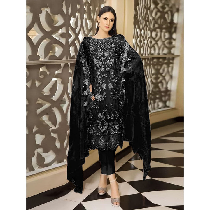 Odette Black Georgette Embroidered Semi Stitched Kurta with Bottom & Dupatta (Set of 3)