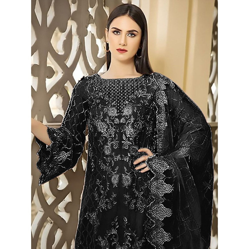 Odette Black Georgette Embroidered Semi Stitched Kurta with Bottom & Dupatta (Set of 3)