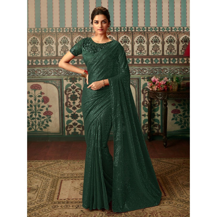 Odette Dark Green Georgette Embellished Saree with Unstitched Blouse