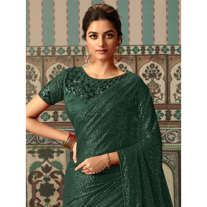 Odette Dark Green Georgette Embellished Saree with Unstitched Blouse