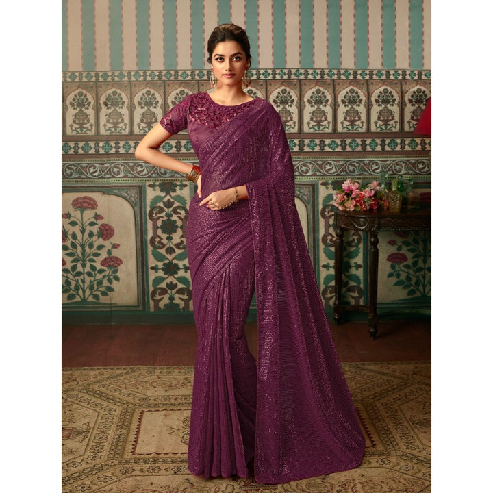 Odette Wine Georgette Embellished Saree with Unstitched Blouse