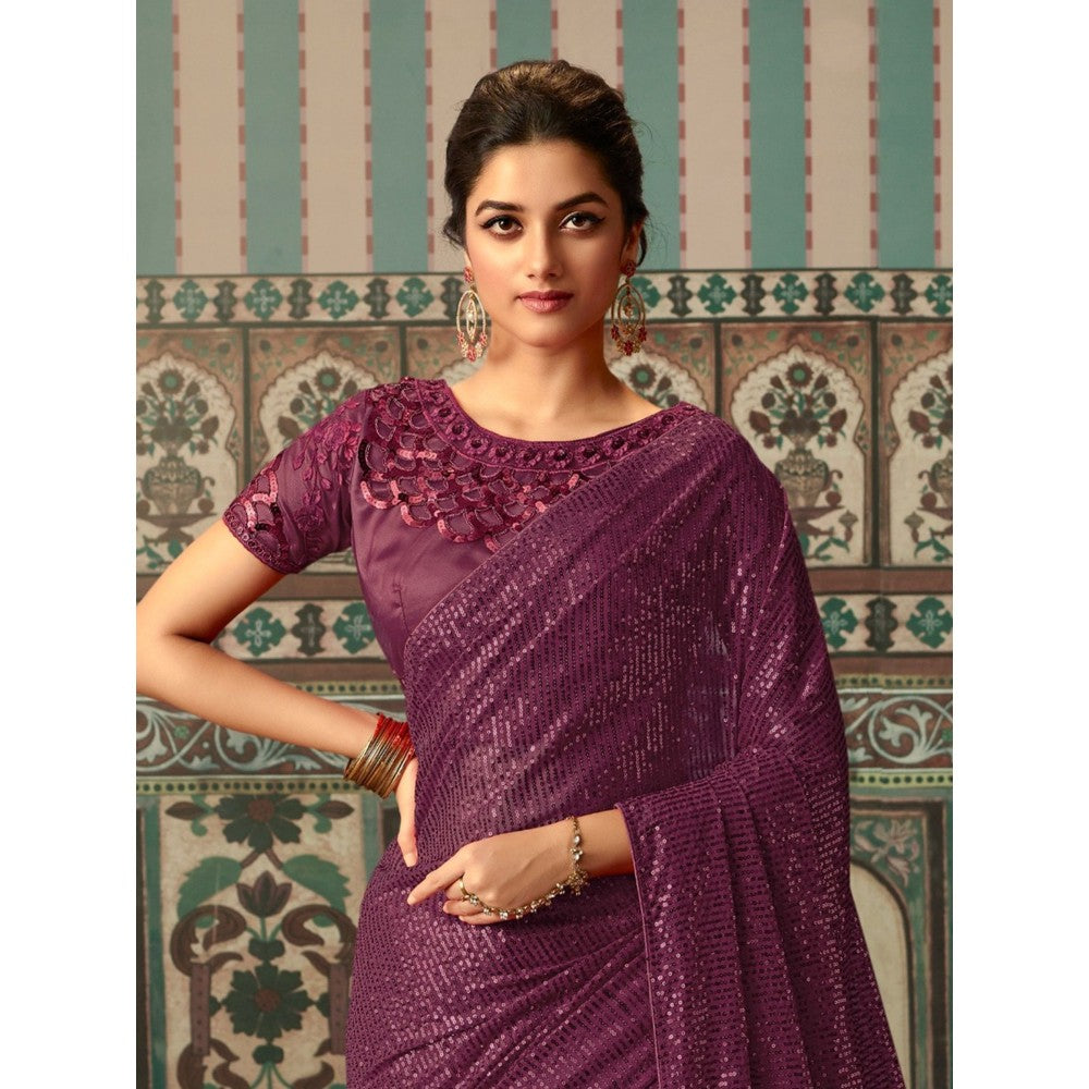 Odette Wine Georgette Embellished Saree with Unstitched Blouse