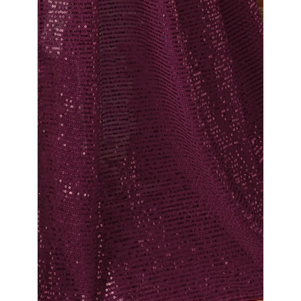 Odette Wine Georgette Embellished Saree with Unstitched Blouse