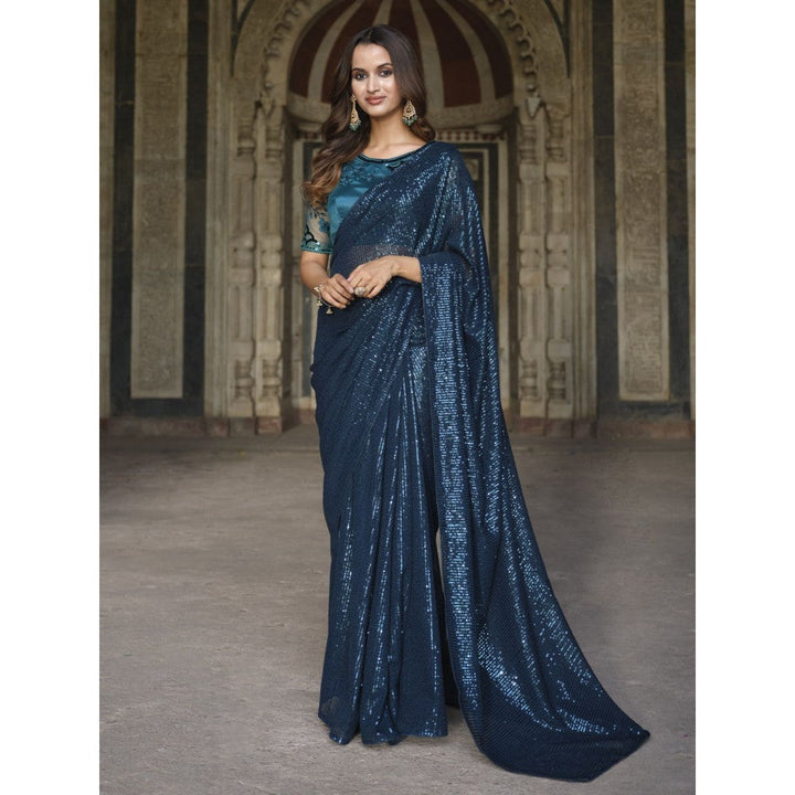 Odette Teal Georgette Embellished Saree with Unstitched Blouse