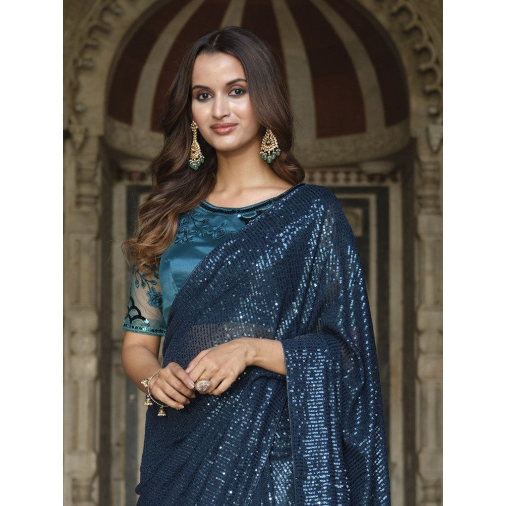 Odette Teal Georgette Embellished Saree with Unstitched Blouse