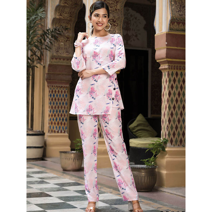 Odette Light Pink Cotton Printed Stitched Indo Western Co-Ord (Set of 2)