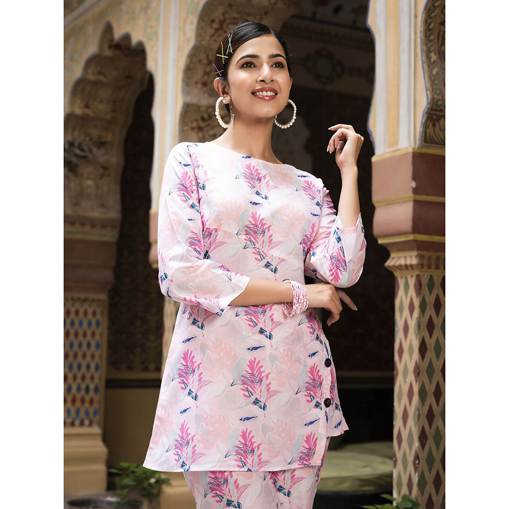 Odette Light Pink Cotton Printed Stitched Indo Western Co-Ord (Set of 2)