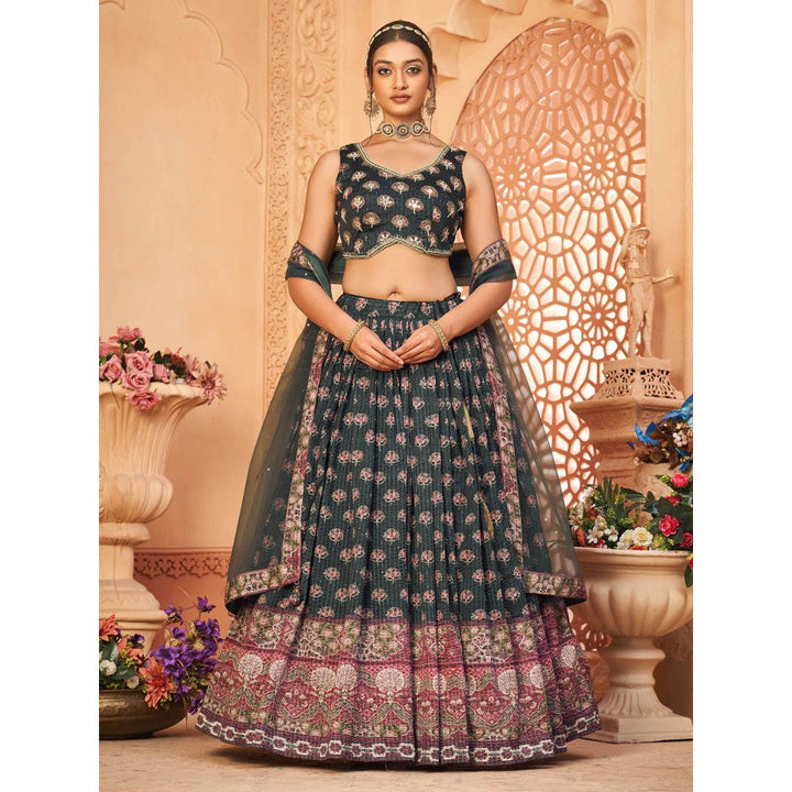 Odette Black Chinon Printed Stitched Lehenga With Choli & Dupatta (Set of 3)