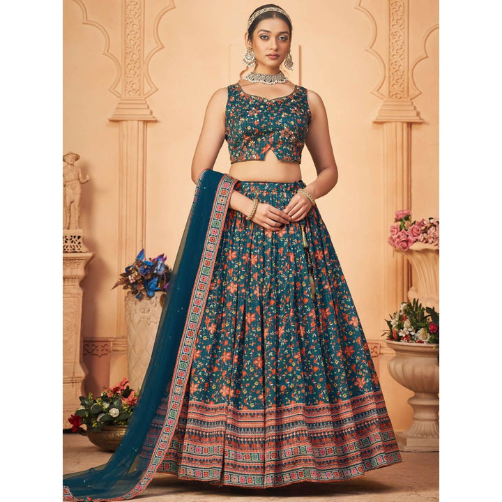 Odette Teal Chinon Printed Stitched Lehenga With Choli & Dupatta (Set of 3)