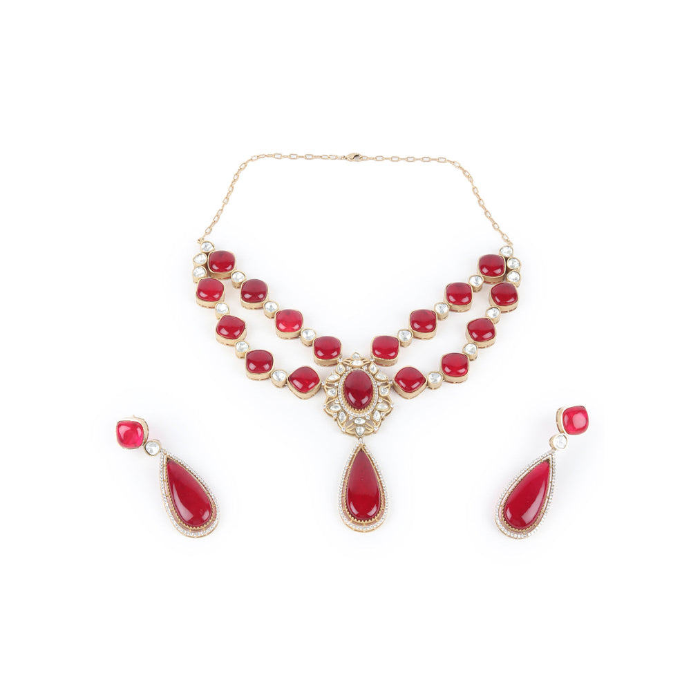 Odette Red And Gold Necklace and Earrings for Women