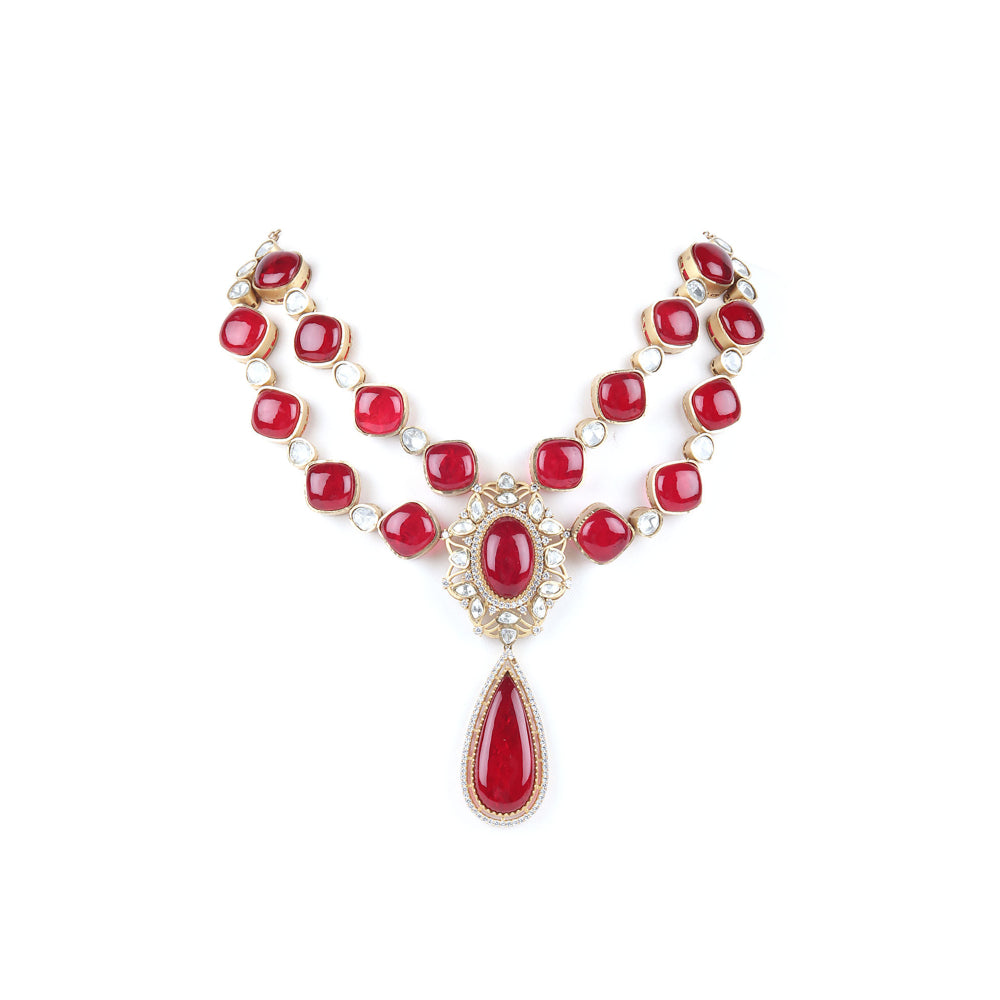 Odette Red And Gold Necklace and Earrings for Women