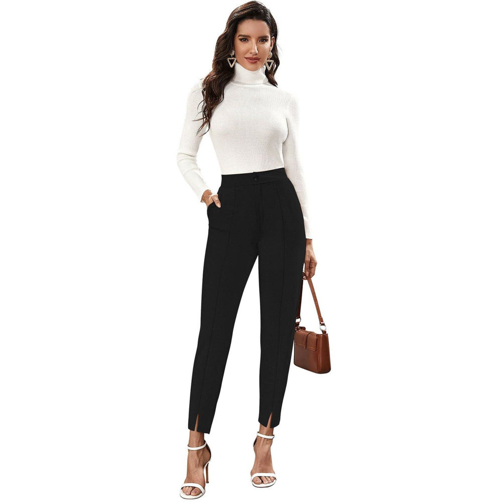 Odette Black Polyester Straight Leg Trouser for Women