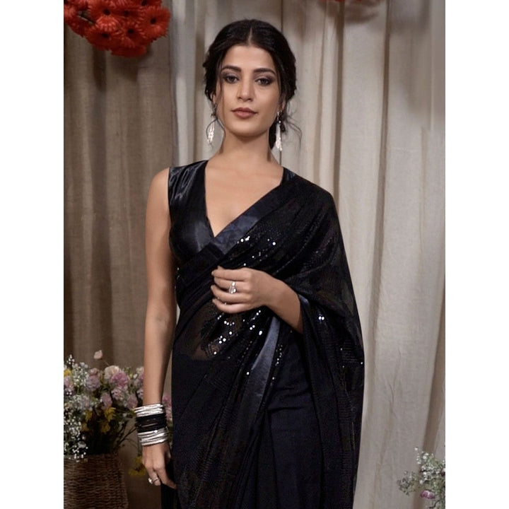 Odette Black Georgette Embellished Saree with Unstitched Blouse