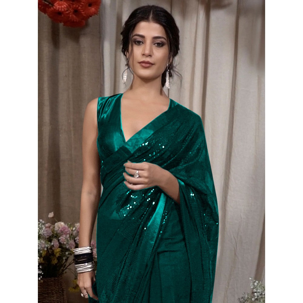 Odette Teal Georgette Embellished Saree with Unstitched Blouse