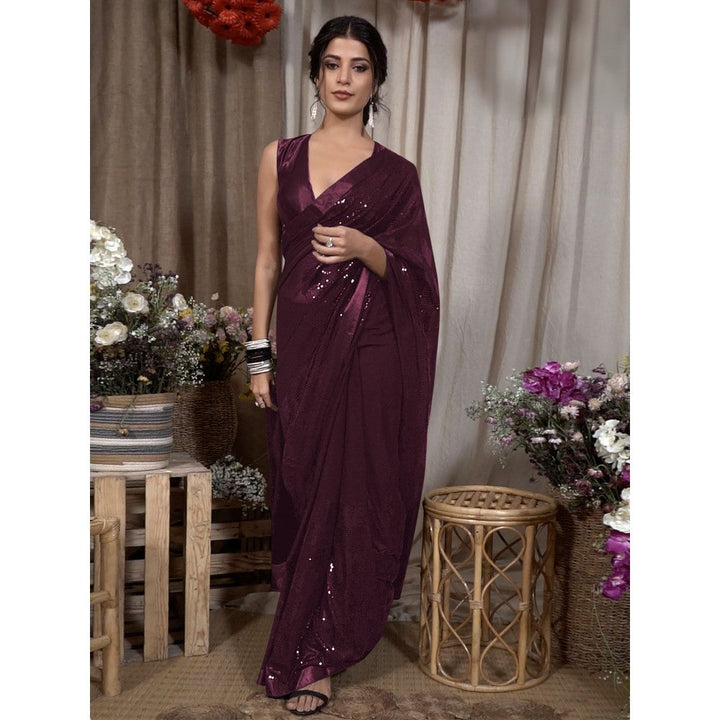 Odette Wine Georgette Embellished Saree with Unstitched Blouse