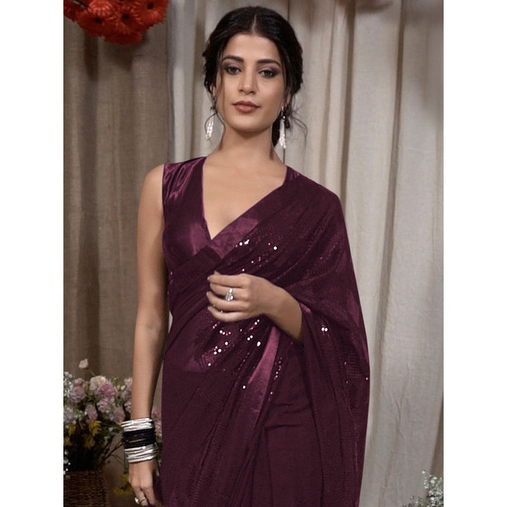 Odette Wine Georgette Embellished Saree with Unstitched Blouse