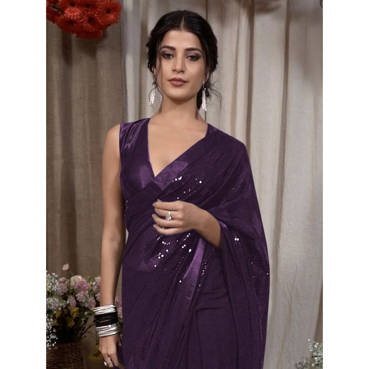 Odette Purple Georgette Embellished Saree with Unstitched Blouse