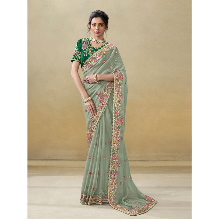 Odette Light Green Silk Blend Embroidered Saree with Unstitched Blouse