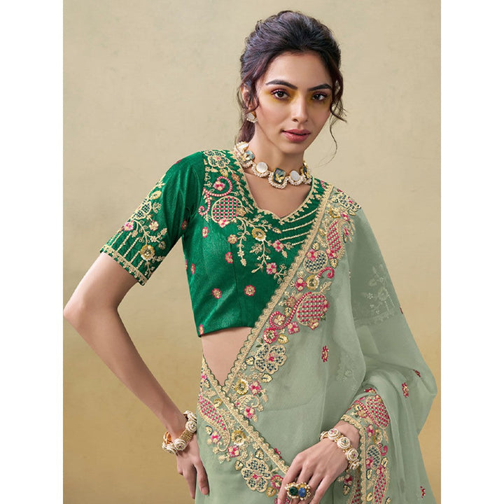 Odette Light Green Silk Blend Embroidered Saree with Unstitched Blouse