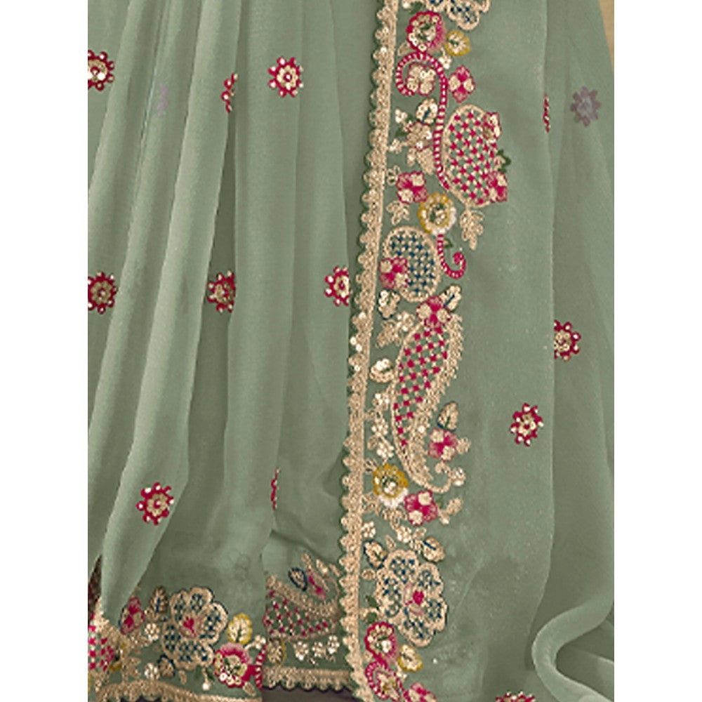 Odette Light Green Silk Blend Embroidered Saree with Unstitched Blouse