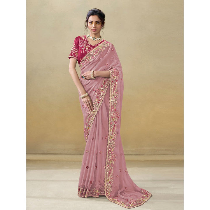 Odette Pink Silk Blend Embroidered Saree with Unstitched Blouse