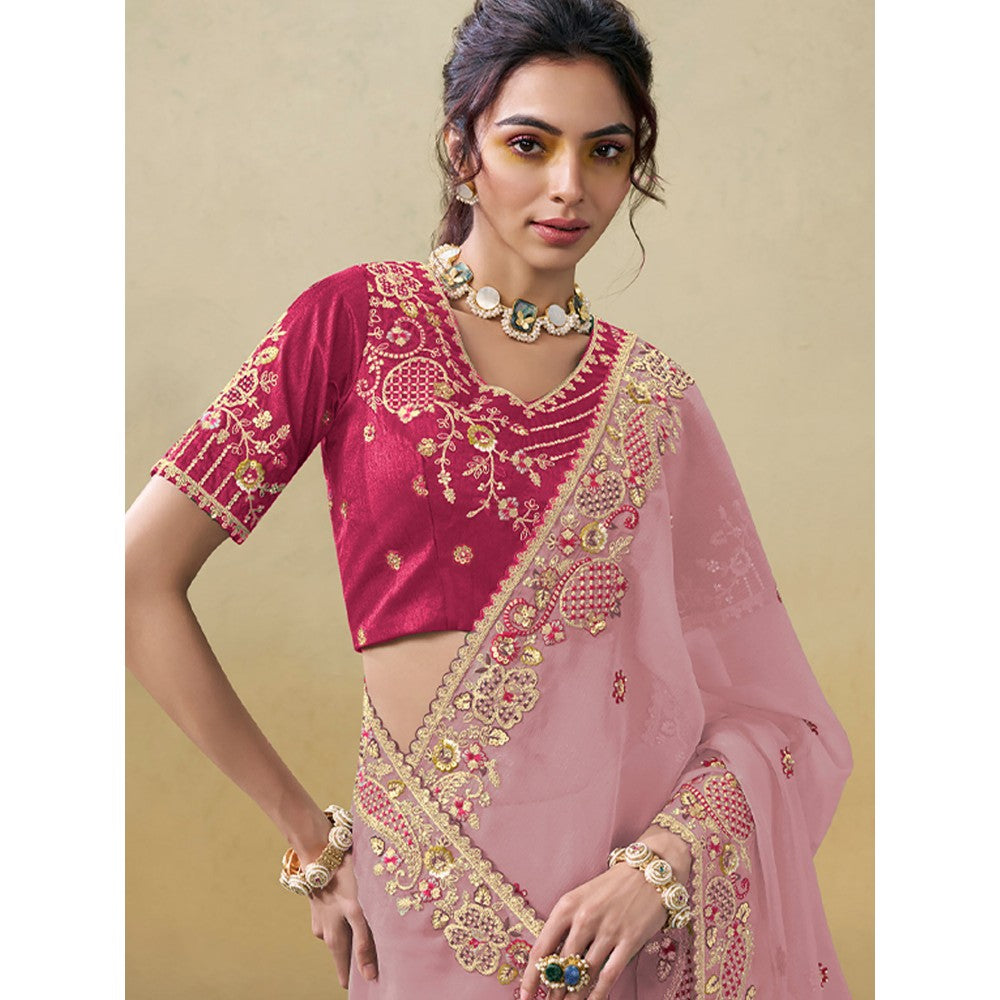 Odette Pink Silk Blend Embroidered Saree with Unstitched Blouse