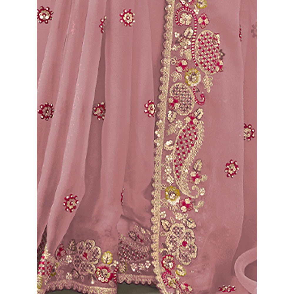 Odette Pink Silk Blend Embroidered Saree with Unstitched Blouse