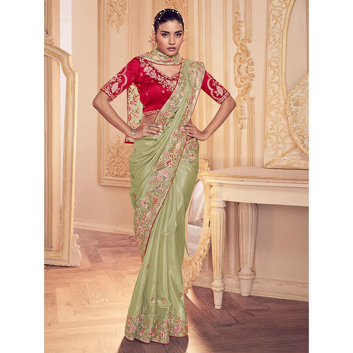 Odette Green Georgette Embroidered Saree with Unstitched Blouse