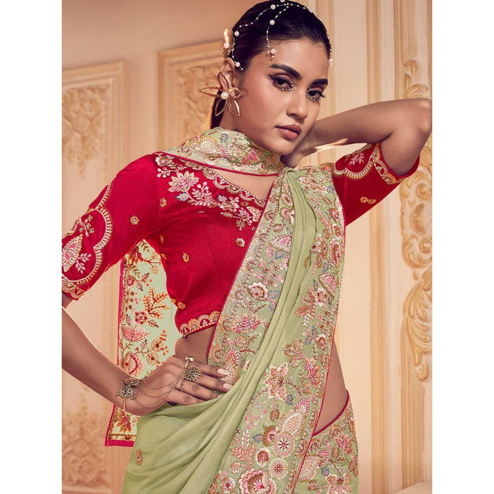 Odette Green Georgette Embroidered Saree with Unstitched Blouse