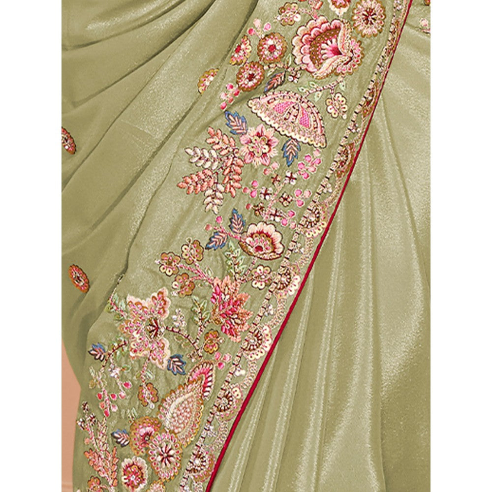 Odette Green Georgette Embroidered Saree with Unstitched Blouse