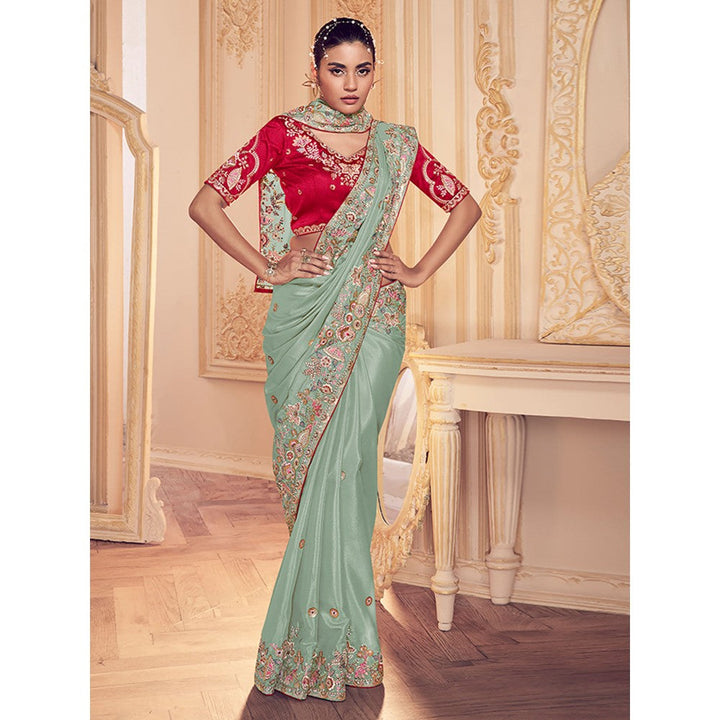 Odette Sea Green Georgette Embroidered Saree with Unstitched Blouse