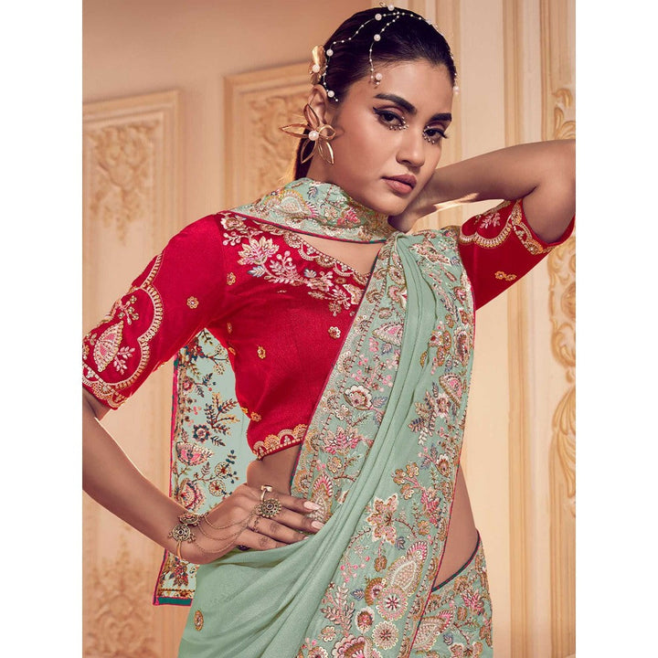 Odette Sea Green Georgette Embroidered Saree with Unstitched Blouse