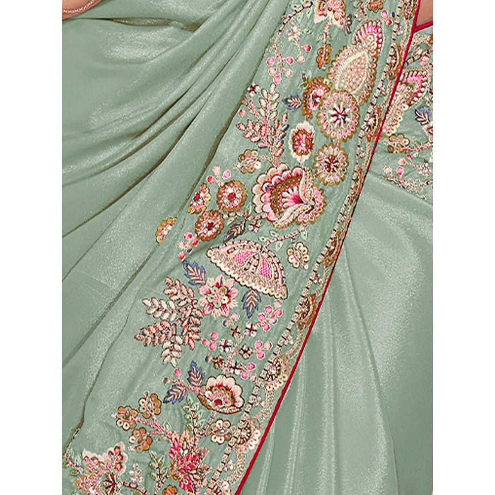 Odette Sea Green Georgette Embroidered Saree with Unstitched Blouse