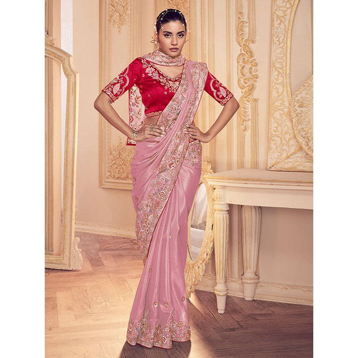 Odette Pink Georgette Embroidered Saree with Unstitched Blouse