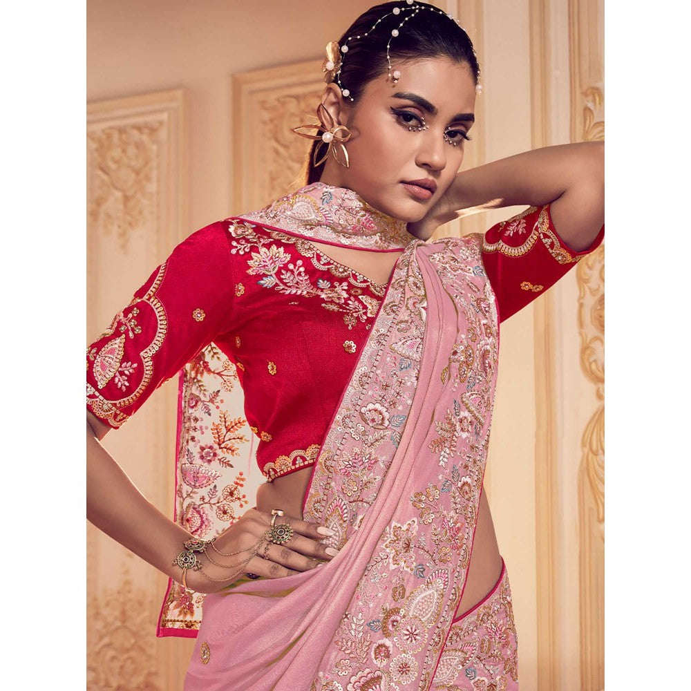 Odette Pink Georgette Embroidered Saree with Unstitched Blouse