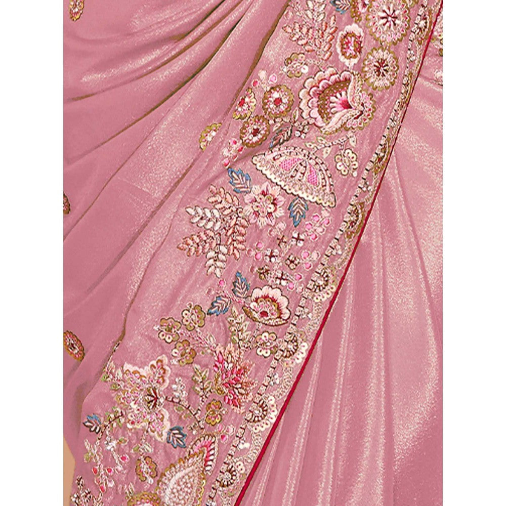 Odette Pink Georgette Embroidered Saree with Unstitched Blouse