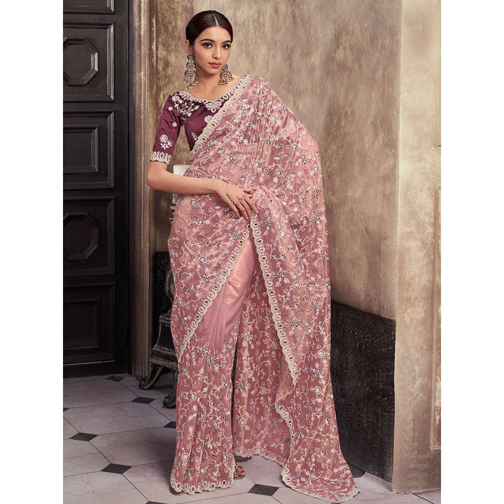 Odette Pink Net Embroidered Saree with Unstitched Blouse