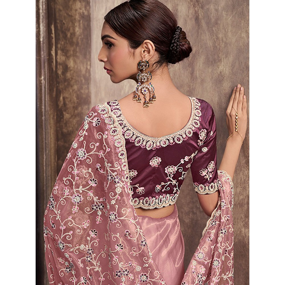 Odette Pink Net Embroidered Saree with Unstitched Blouse