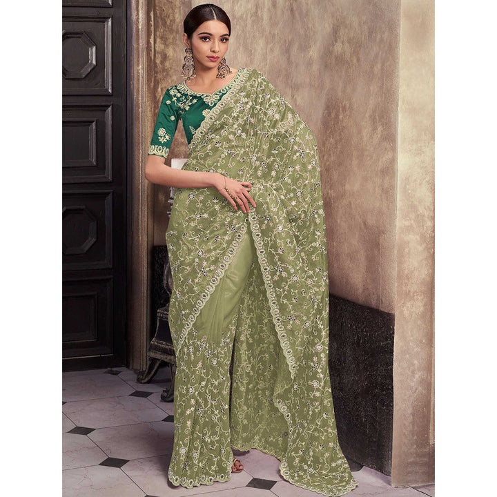 Odette Green Net Embroidered Saree with Unstitched Blouse