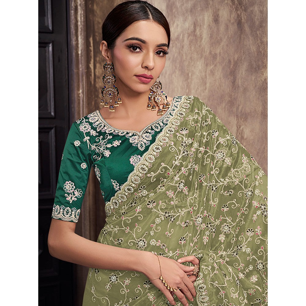 Odette Green Net Embroidered Saree with Unstitched Blouse