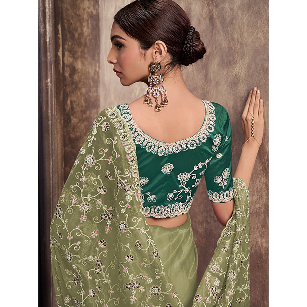 Odette Green Net Embroidered Saree with Unstitched Blouse