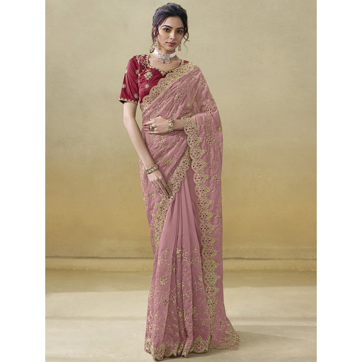 Odette Pink Organza Embroidered Saree with Unstitched Blouse