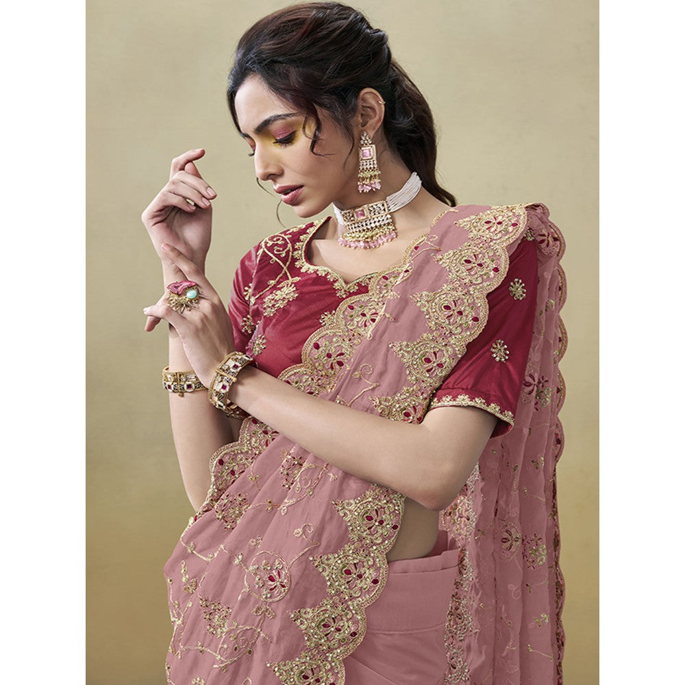 Odette Pink Organza Embroidered Saree with Unstitched Blouse