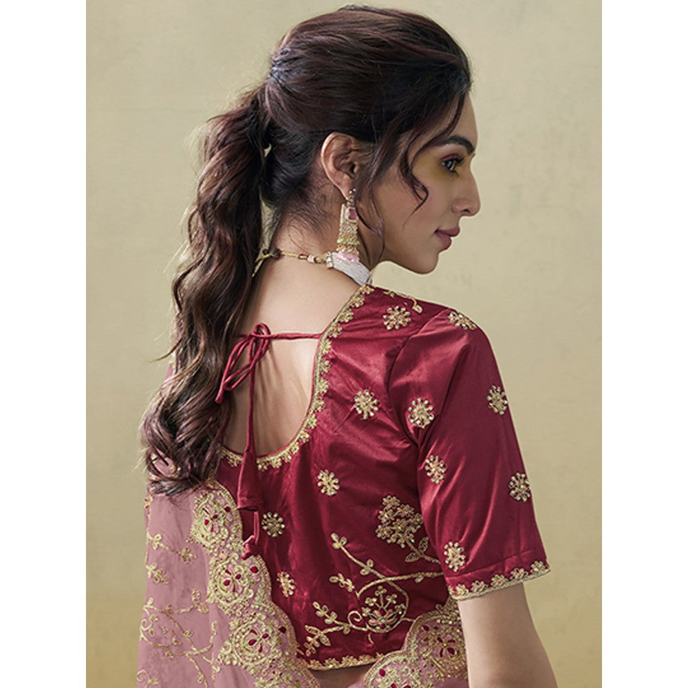 Odette Pink Organza Embroidered Saree with Unstitched Blouse