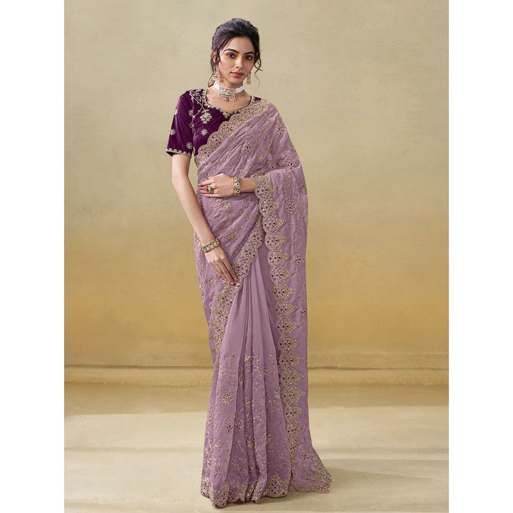 Odette Purple Organza Embroidered Saree with Unstitched Blouse