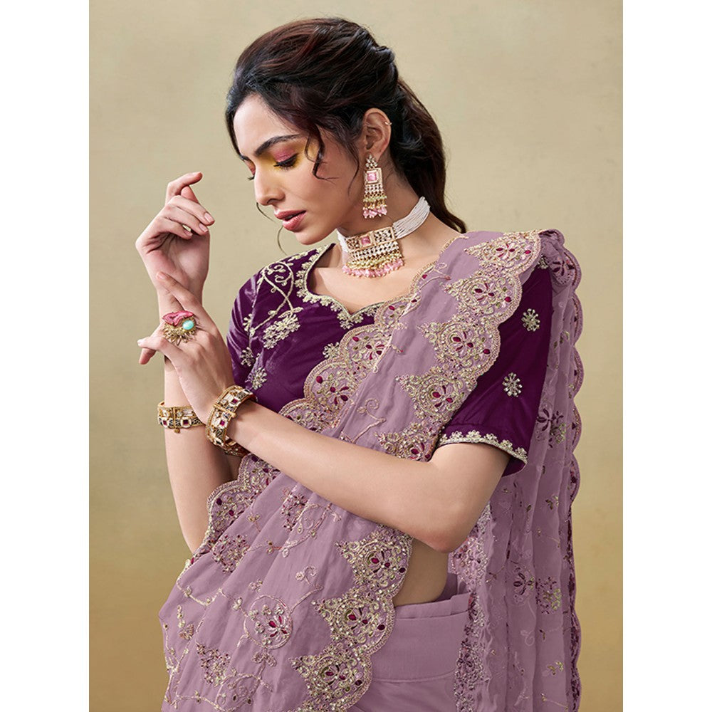 Odette Purple Organza Embroidered Saree with Unstitched Blouse