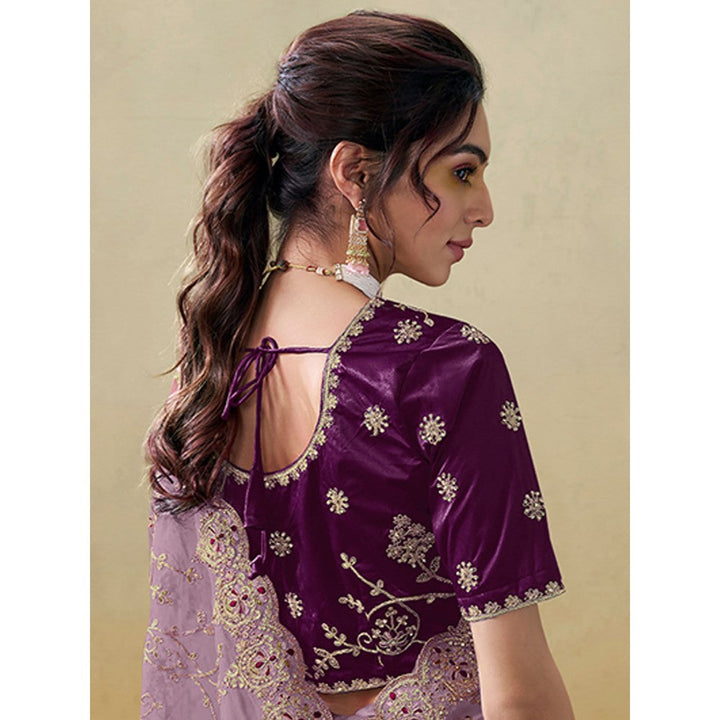 Odette Purple Organza Embroidered Saree with Unstitched Blouse