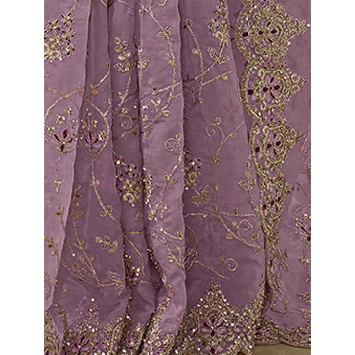 Odette Purple Organza Embroidered Saree with Unstitched Blouse