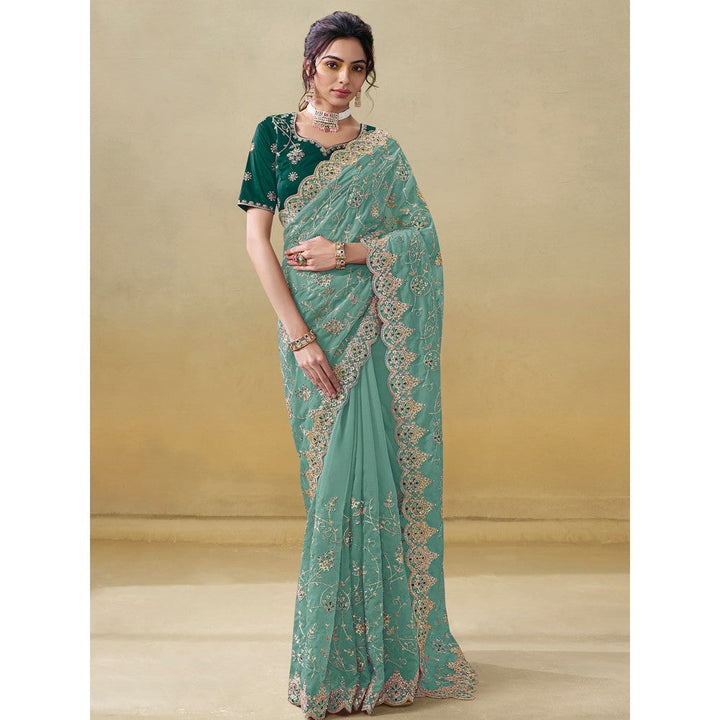 Odette Sea Green Organza Embroidered Saree with Unstitched Blouse